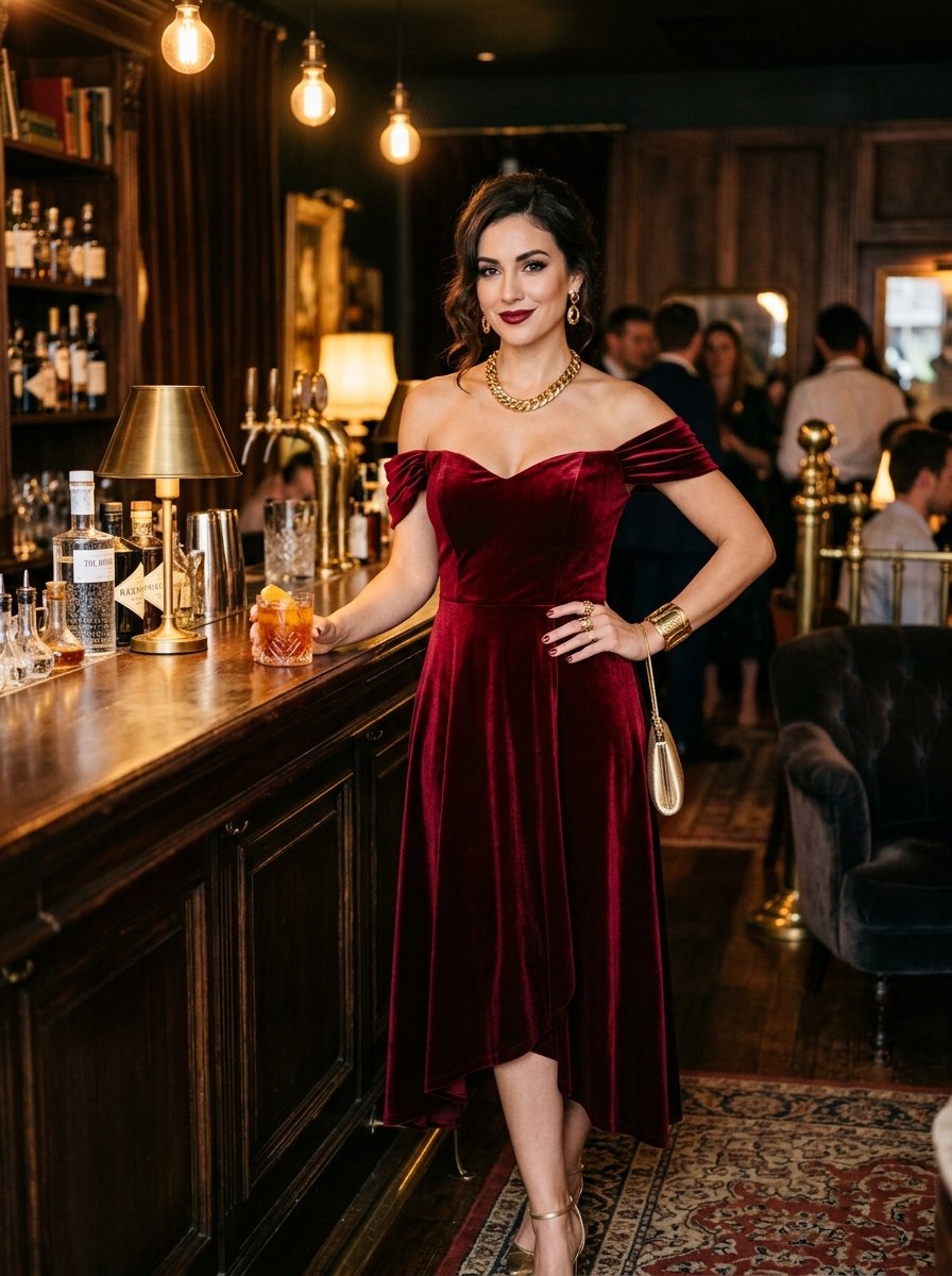 Burgundy Velvet Off-Shoulder Dress